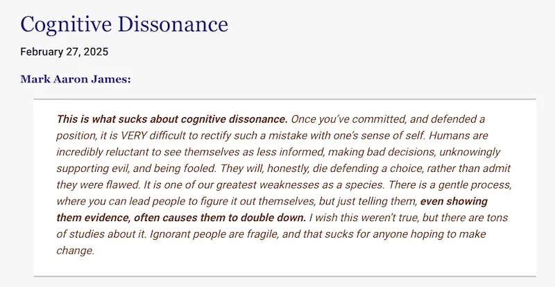 A screenshot of a blog post titled 'Cognitive Dissonance' dated February 27, 2025, by Mark Aaron James. The post explains…