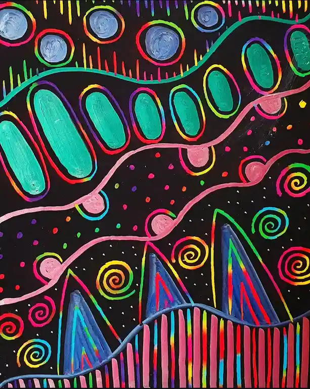 A vibrant, psychedelic painting on black background features glowing rainbow outlines of circles, spirals, and abstract…