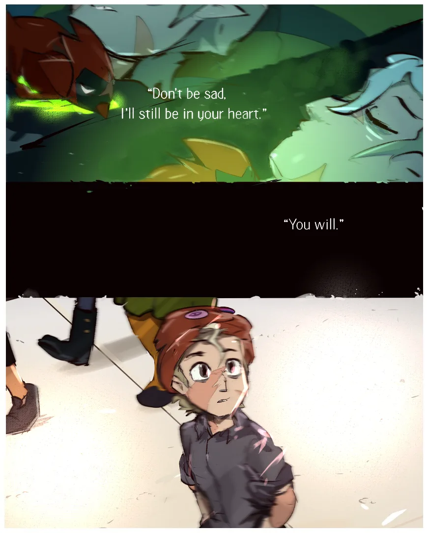 The image is split into two panels. The top panel shows two anime-style characters in a dark, green-hued scene with text…