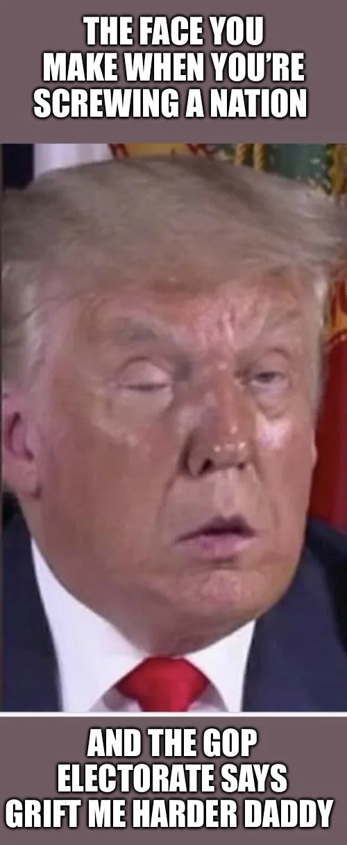 A close-up image of Donald Trump with his eyes half-closed and mouth slightly open, wearing a dark suit, white shirt, and…
