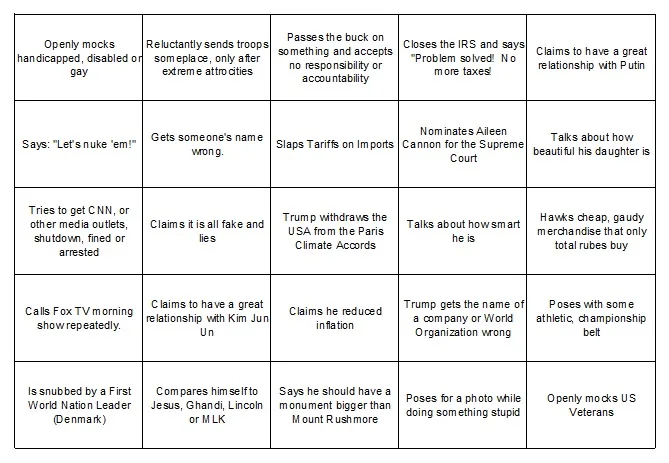 A grid of 16 boxes, each containing a different accusation or claim attributed to Donald Trump, such as mocking disabled…