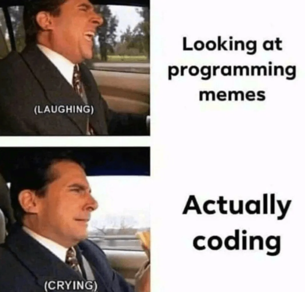 The image is a two-panel meme featuring actor Steve Carell. In the top panel, he is laughing while driving, with text…