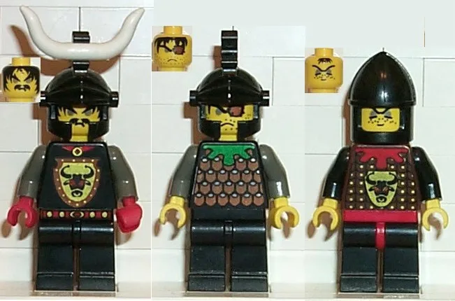 Three Lego minifigures are shown side-by-side, each wearing a different black helmet and torso piece. The left figure has a…