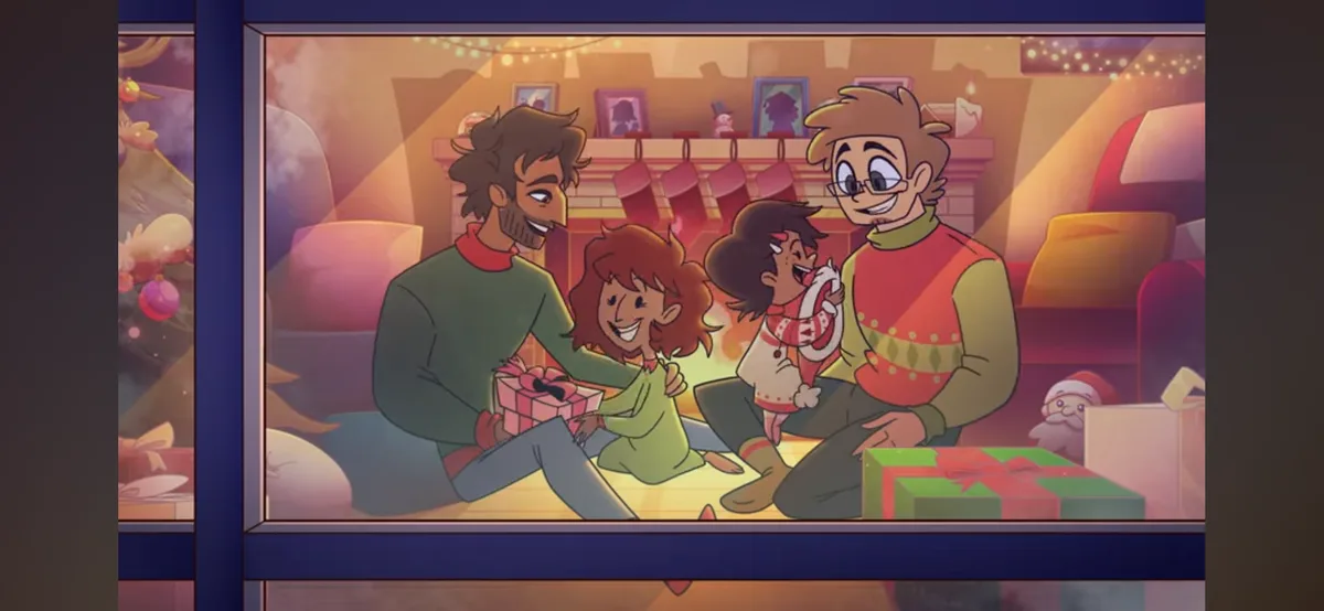 An animated scene viewed through a window shows a family of four in a warmly lit living room decorated for Christmas, with…