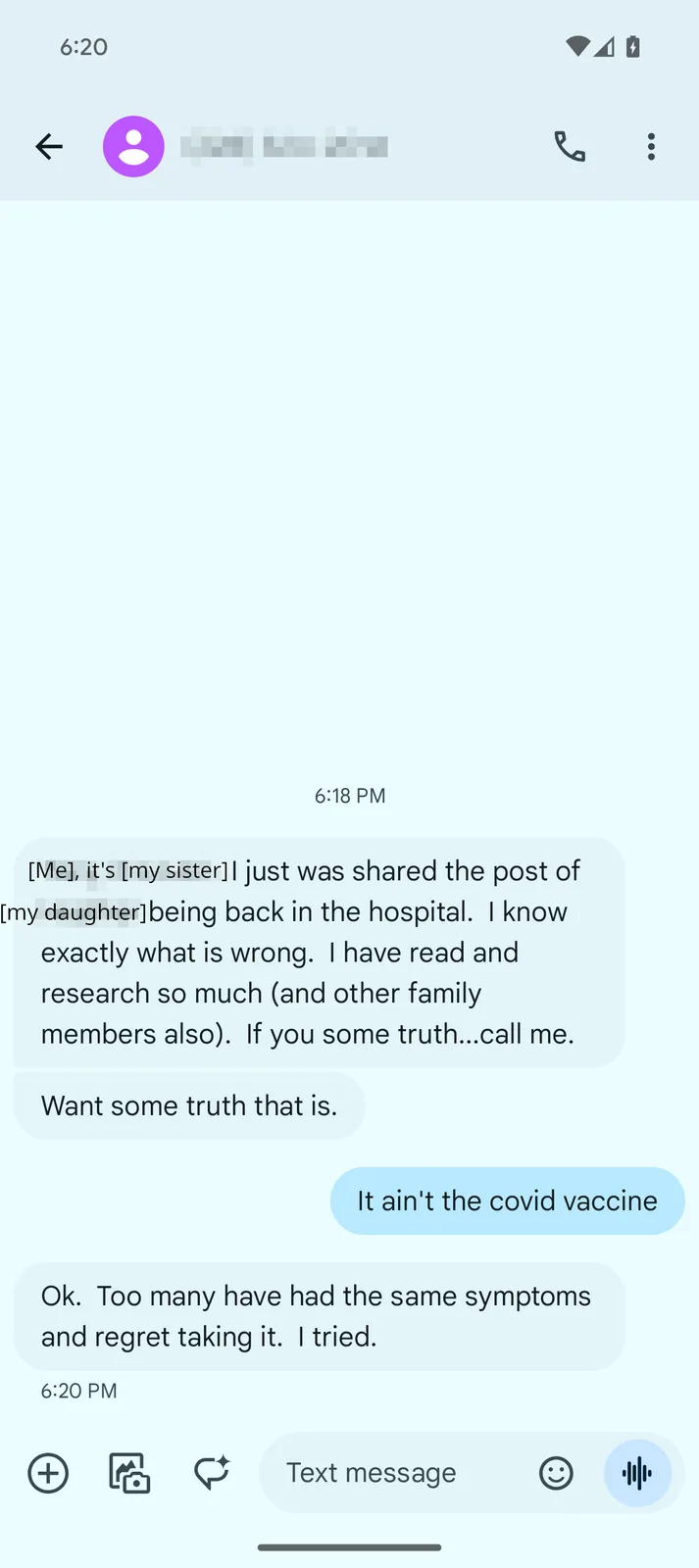 A screenshot of a text message conversation shows a person's sister messaging that she knows what's wrong with their…