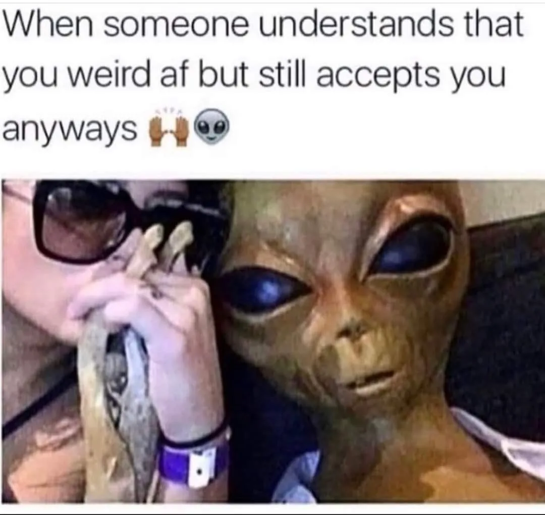 A person wearing sunglasses holds a small snake while sitting next to a large alien mask. The text above reads 'When someone…