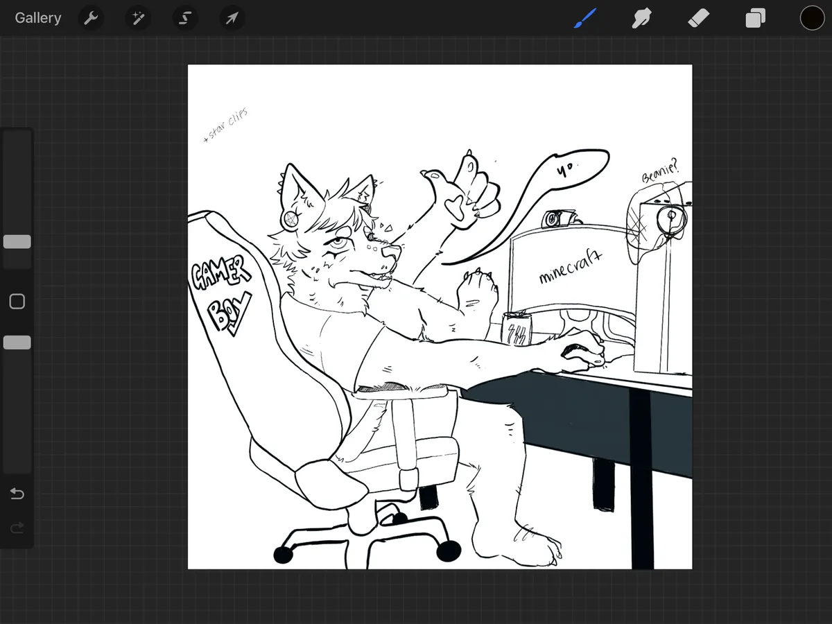 A black-and-white line drawing shows an anthropomorphic wolf sitting in a 'GAMER BOY' chair, playing Minecraft on a…