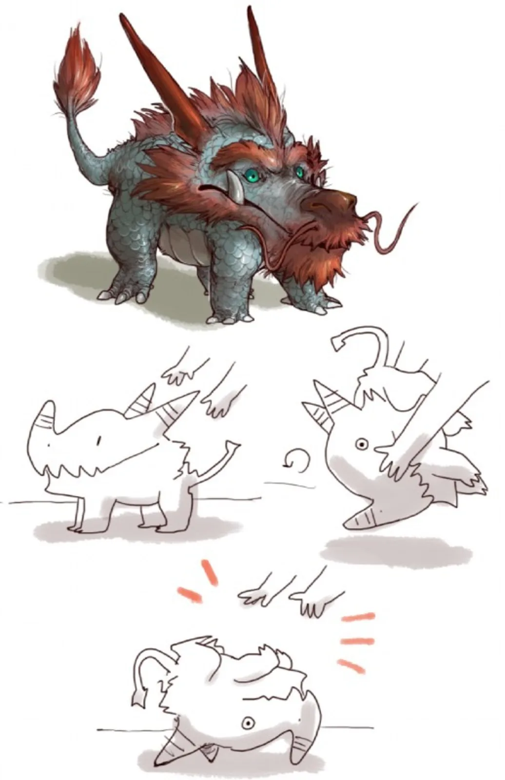 The image displays a completed fantasy creature with scaly grey skin, red horns, green eyes, and a fluffy red mane, standing…
