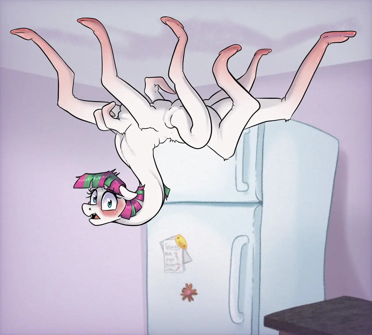 A cartoon pony with pink and green hair is depicted upside down, seemingly stuck or floating above a refrigerator in a…