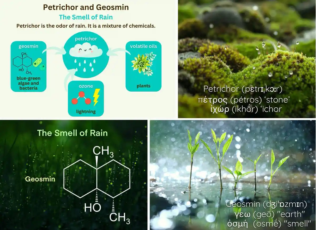 This educational image explains petrichor and geosmin, the smell of rain, showing chemical structures, sources like…