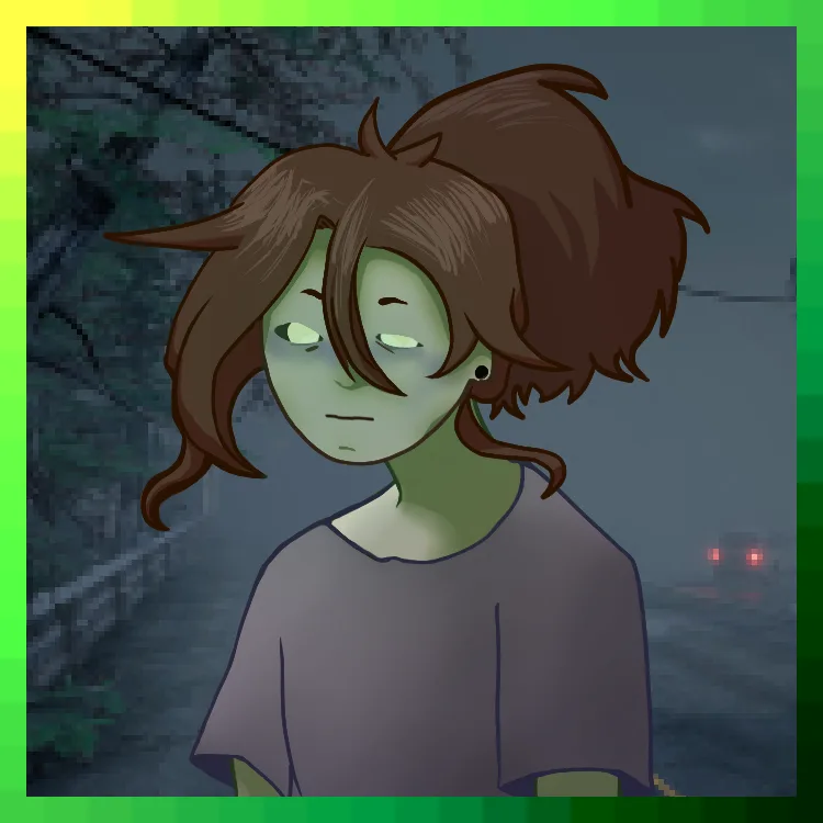 An anime-style character with green skin, brown hair, and glowing eyes looks downcast against a dark, blurry background with…