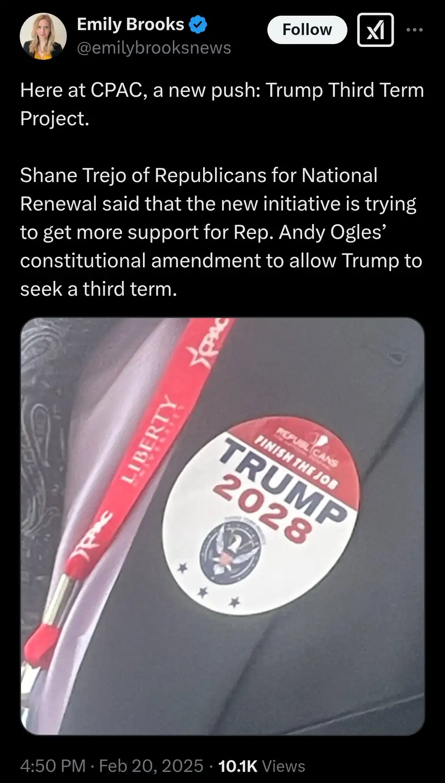 A close-up photo shows a circular political pin on a dark jacket, featuring 'TRUMP 2028' in large text, with 'FINISH THE…