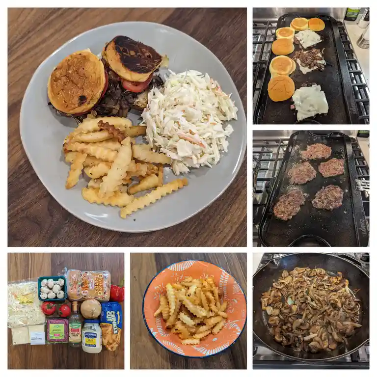 A six-panel collage shows the process of making a burger: ingredients laid out, onions and mushrooms sautéed, ground meat…