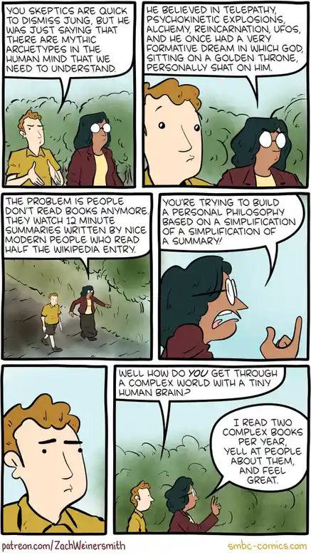 A comic strip featuring two characters walking and talking. The woman explains Jung's theories, including telepathy and a…