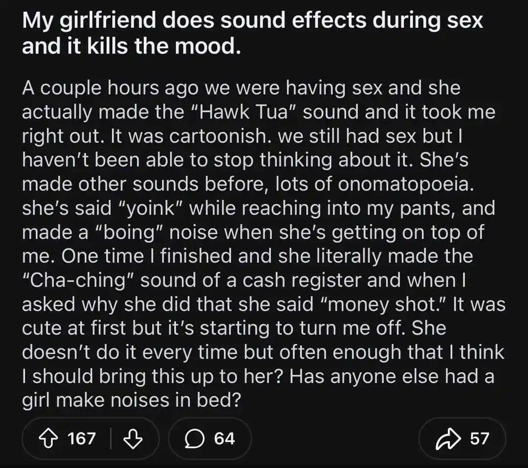 The image displays a screenshot of a text post with white text on a black background. The post describes a person's…