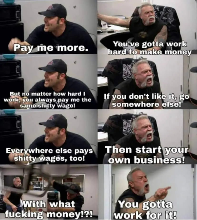 A six-panel meme featuring two men in an office setting. The younger man, wearing a baseball cap, repeatedly asks for higher…