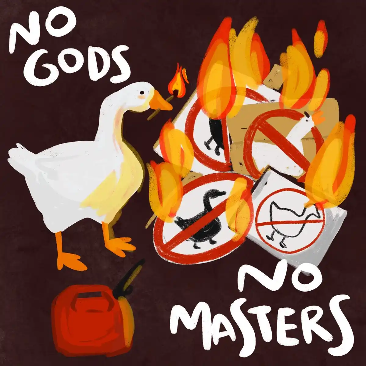 A white cartoon goose holds a lit matchstick, standing beside a red gas canister and a bonfire. The fire burns a pile of…