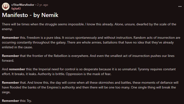 A dark-themed image displays a text titled 'Manifesto - by Nemik' with multiple paragraphs of motivational and revolutionary…
