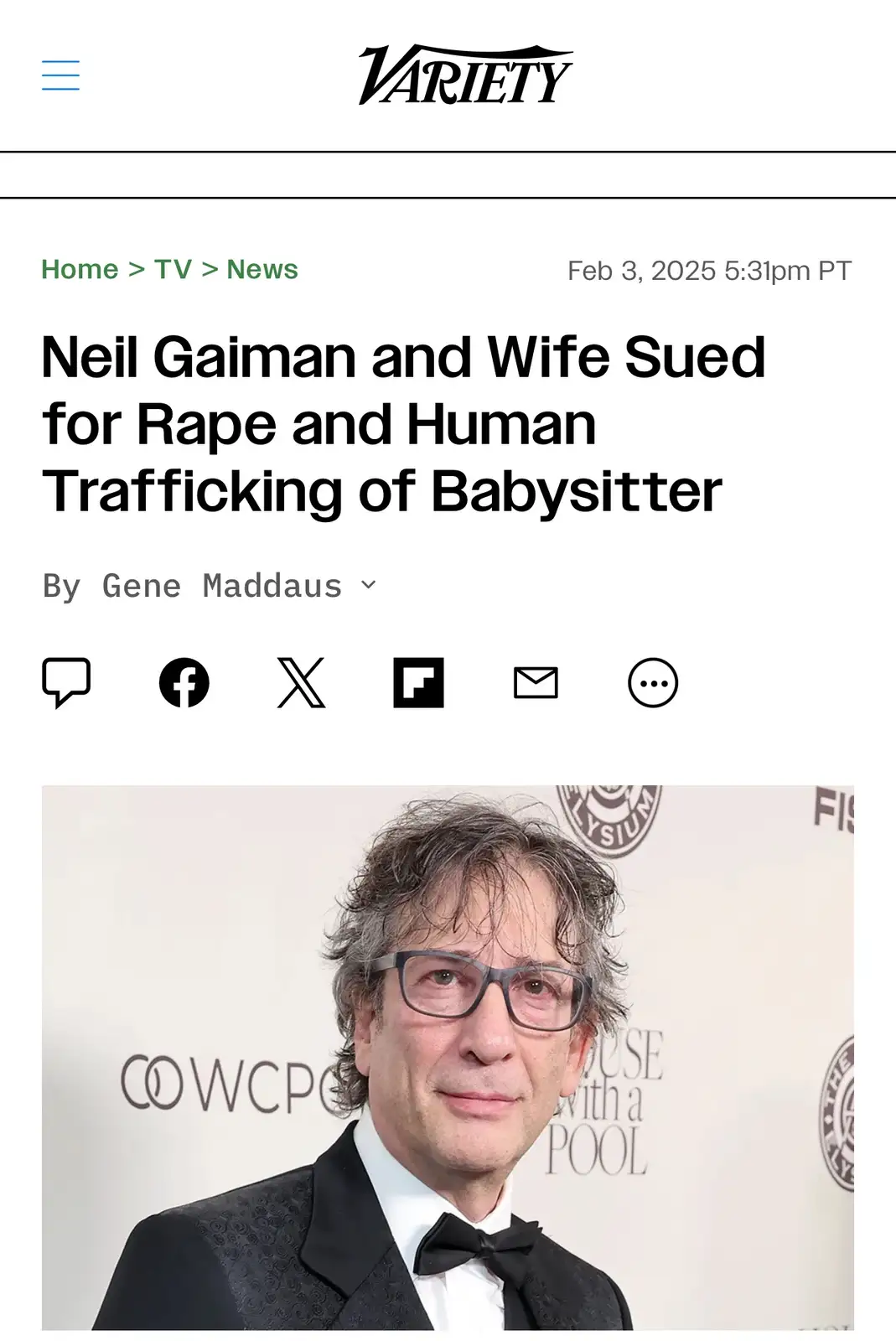 A screenshot of a Variety news article dated February 3, 2025, with the headline 'Neil Gaiman and Wife Sued for Rape and…