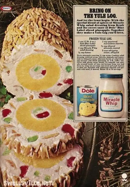 A vintage Kraft recipe page featuring a frozen yule log dessert made with Dole pineapple and Miracle Whip dressing, shown…