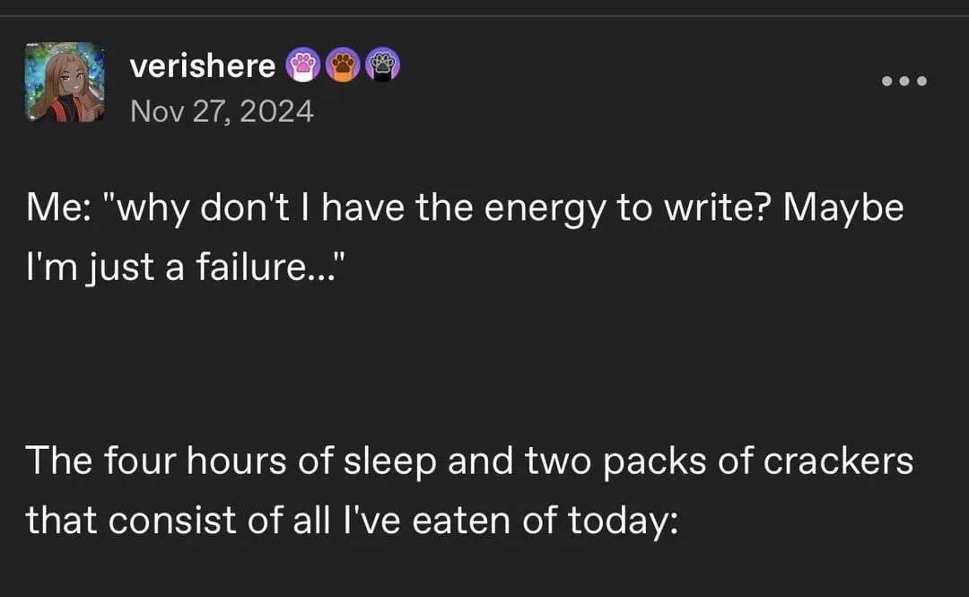 A screenshot of a social media post by 'verishere' dated Nov 27, 2024, with white text on a dark background. The text reads…