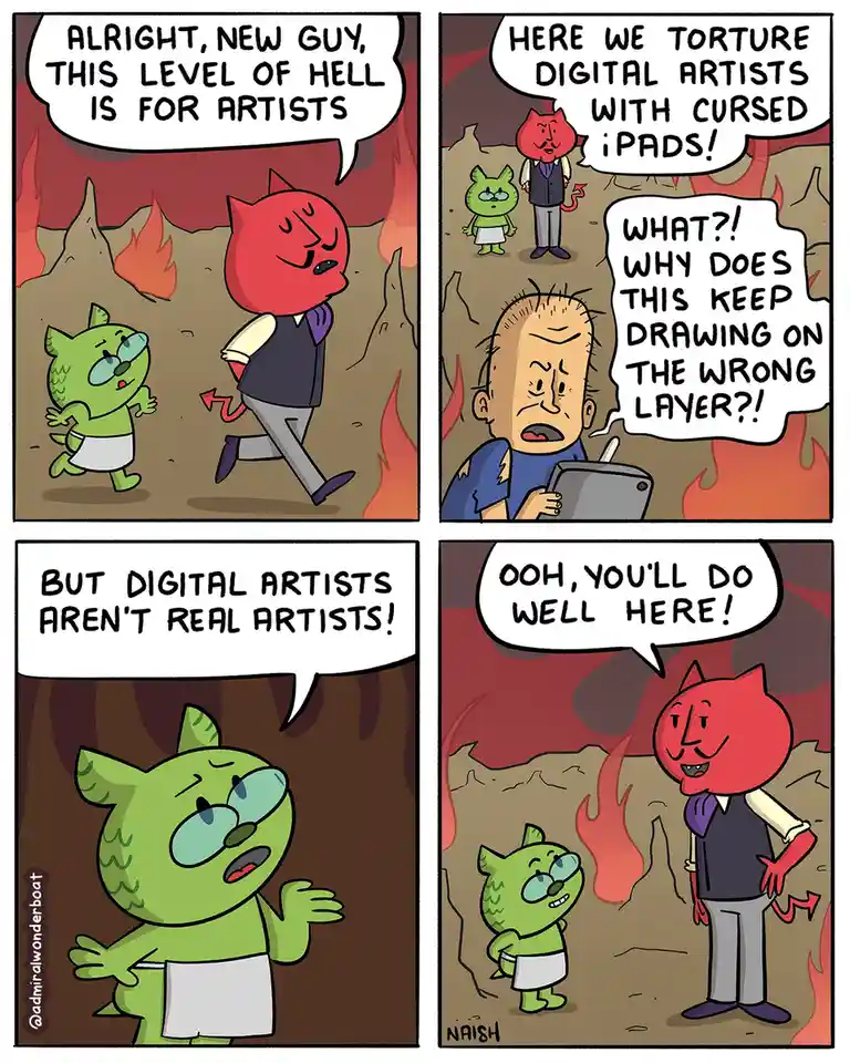 A four-panel comic strip set in hell, featuring a red devil welcoming a new arrival. The devil introduces the level as for…