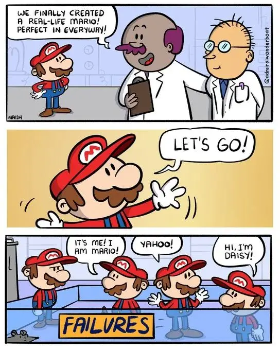 A three-panel comic strip shows scientists proudly presenting a real-life Mario, who then enthusiastically shouts 'LET'S…