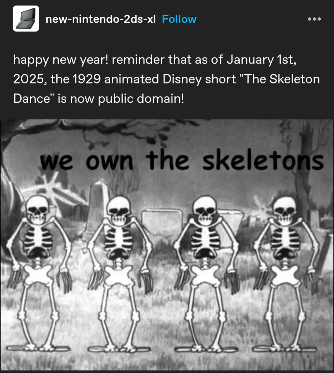 The image shows four cartoon skeletons standing in a row in a graveyard setting, with the text 'we own the skeletons'…