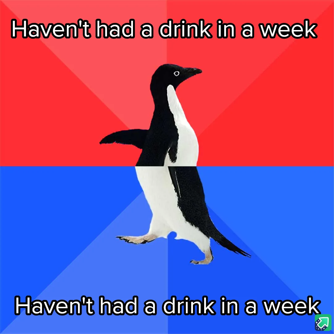 A penguin is split vertically down the middle, with the top half against a red background and the bottom half against a blue…