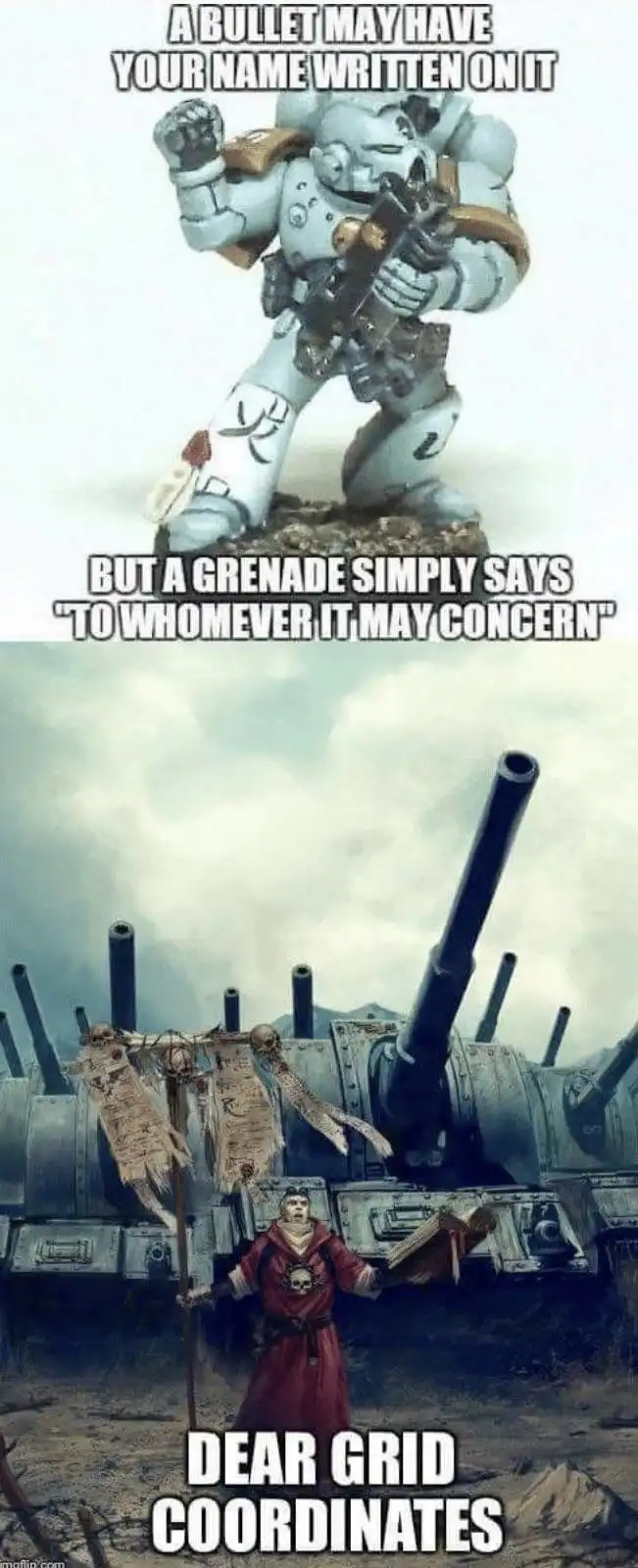 The image is a two-panel meme. The top panel shows a painted miniature of a Space Marine in power armor holding a weapon…