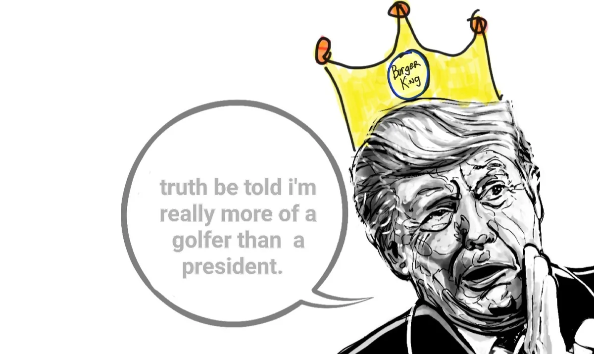 A black-and-white cartoon drawing of Donald Trump wearing a yellow crown with a 'Burger King' logo on it, holding his finger…