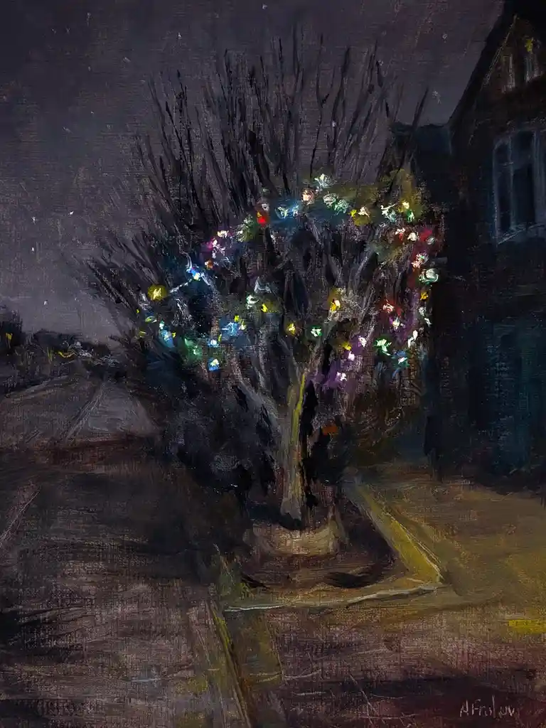 A dark, textured oil painting depicts a bare, leafless tree at night, adorned with colorful string lights wrapped around its…