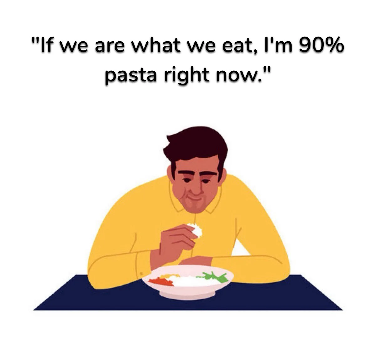 An illustrated man in a yellow shirt is seated at a dark blue table, enthusiastically eating pasta from a white bowl. The…