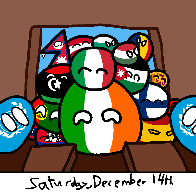 A cartoon drawing shows several countryballs sitting in a row on chairs, with the central ball being the Irish tricolor…