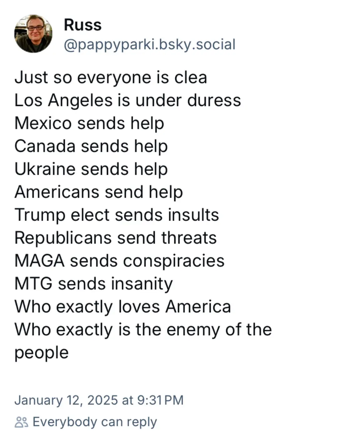 A screenshot of a social media post by 'Russ' listing a satirical scenario where international and domestic entities respond…