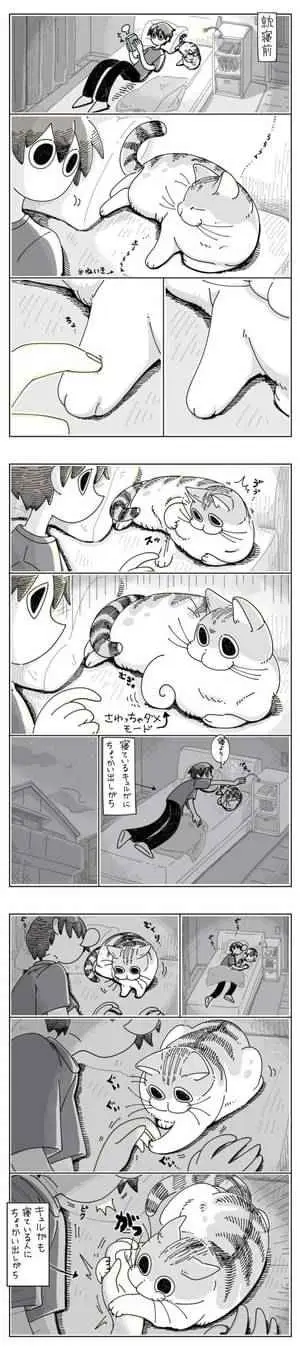A black-and-white manga comic strip shows a person trying to sleep while their cat disrupts them. The cat initially appears…
