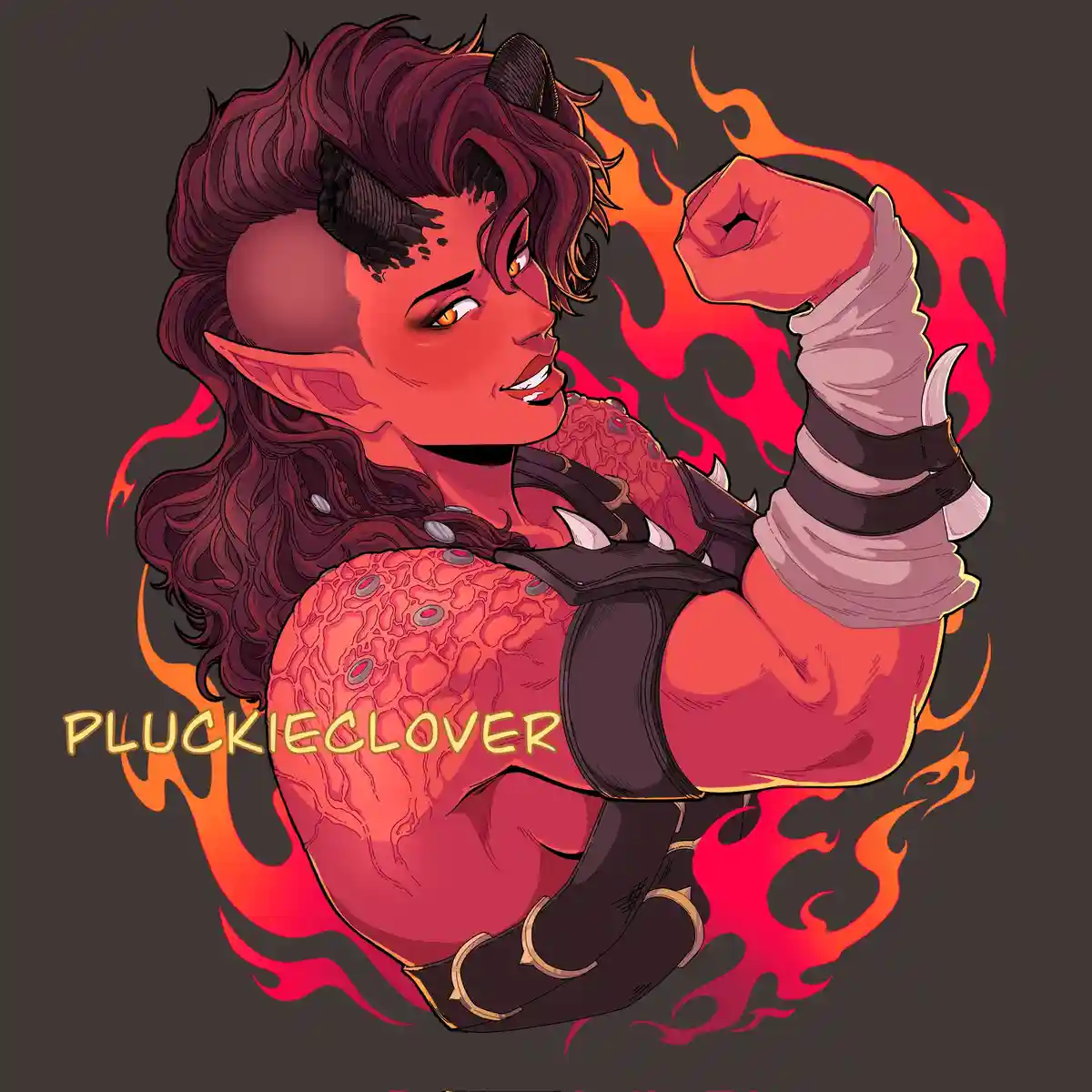 A stylized illustration of a red-skinned, horned, elf-eared demonic woman flexing her bicep, surrounded by flames, with the…
