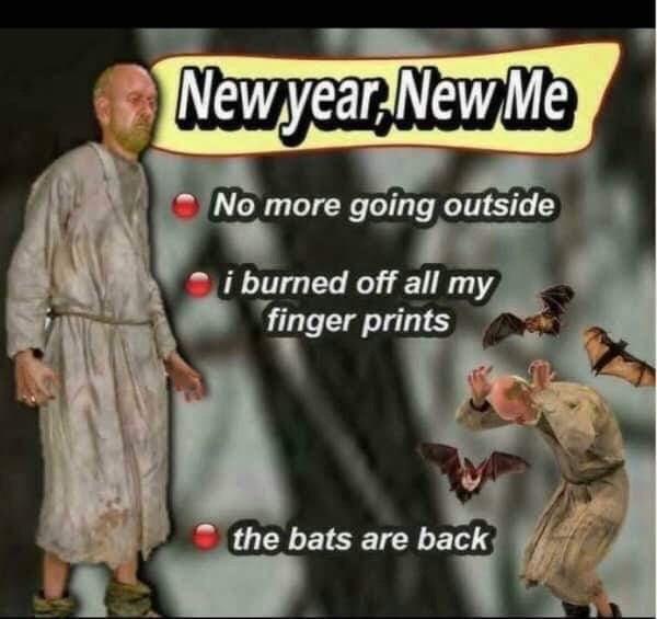 A man in a dirty, tattered robe stands solemnly as a list titled 'New year, New Me' appears beside him, listing absurd New…