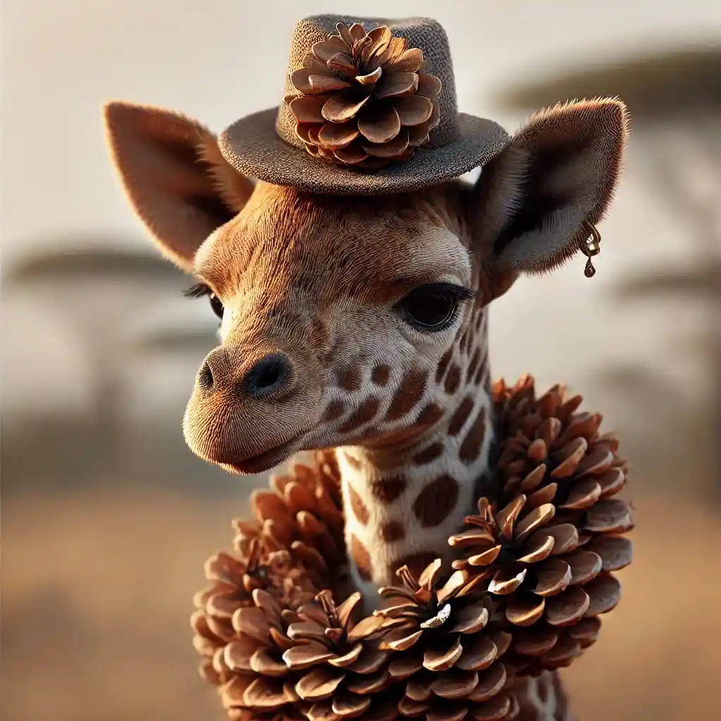A digitally altered image of a young giraffe wearing a small grey hat decorated with a large pinecone on top and a necklace…