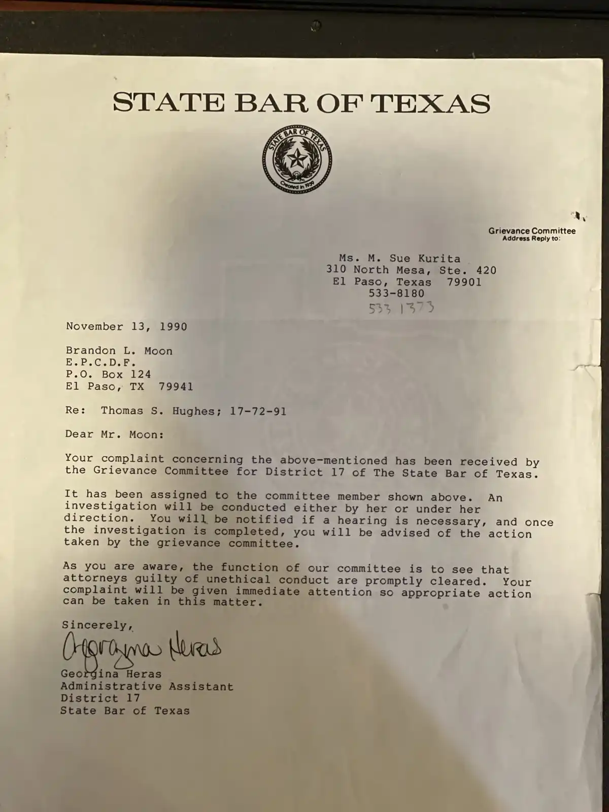 A scanned letter from the State Bar of Texas dated November 13, 1990, addressed to Brandon L. Moon regarding a complaint…