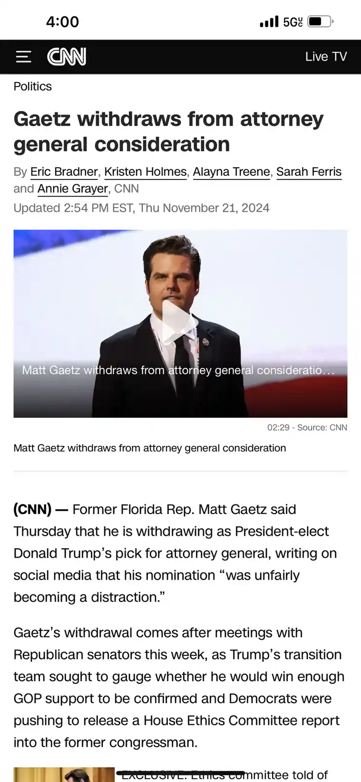 A screenshot of a CNN news article from November 21, 2024, showing a headline about Matt Gaetz withdrawing from…