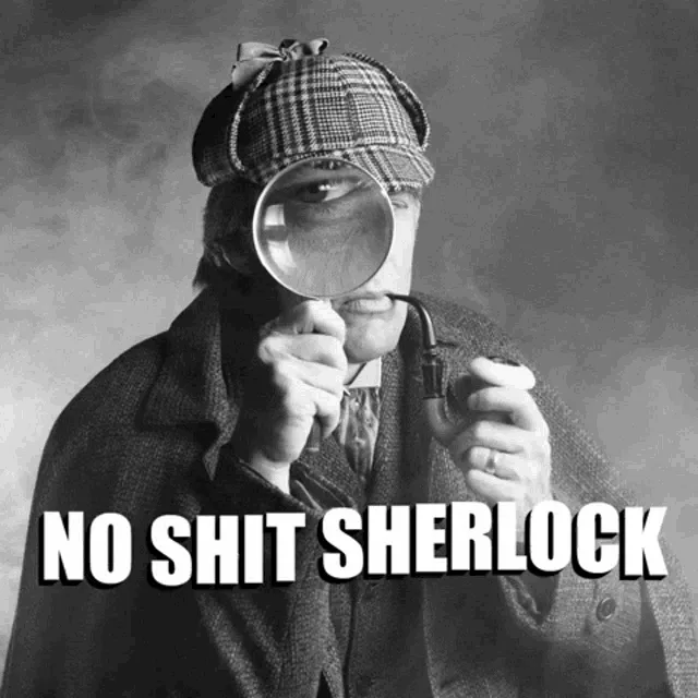 A black-and-white image of a man in a deerstalker hat and coat holding a magnifying glass to his eye and a pipe in his other…