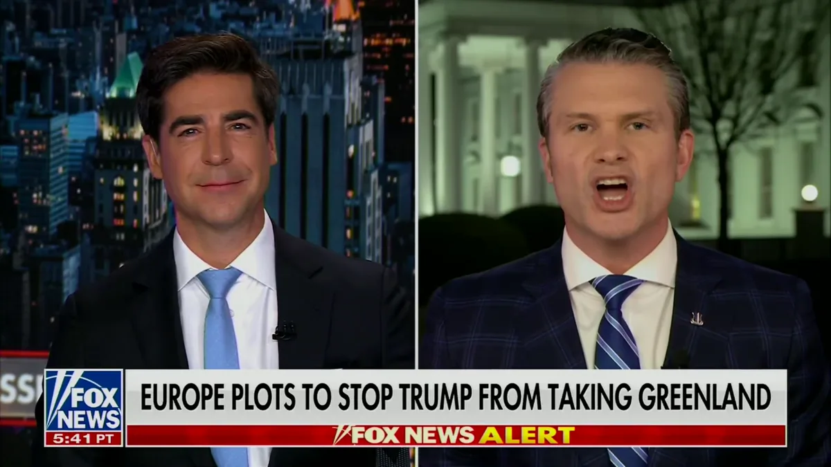 A split-screen Fox News broadcast shows two male anchors in suits; the left anchor smiles calmly while the right anchor…