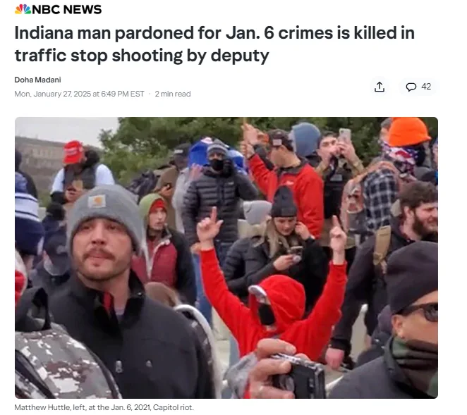 A screenshot of an NBC News article headline about an Indiana man pardoned for Jan. 6 crimes who was killed in a traffic…