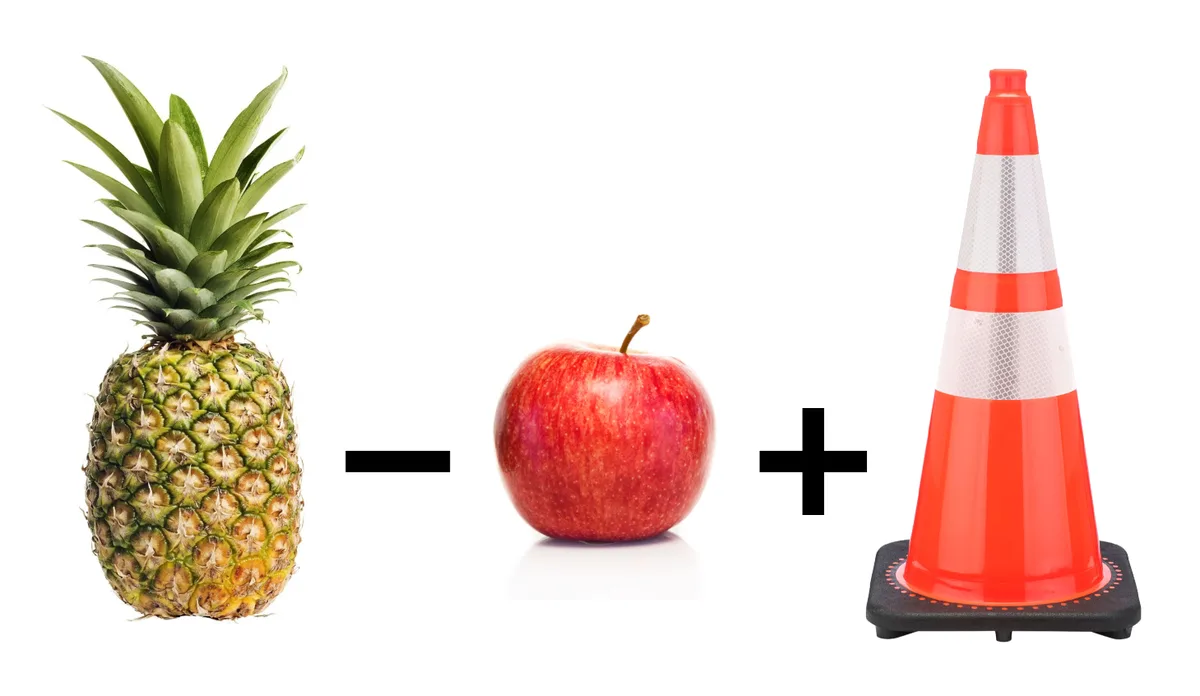 A pineapple is shown on the left, followed by a minus sign, then a red apple, a plus sign, and finally an orange traffic…