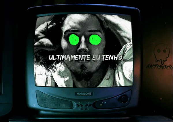 Three identical old CRT televisions display a black-and-white image of a person with glowing green eyes, hands on head, with…