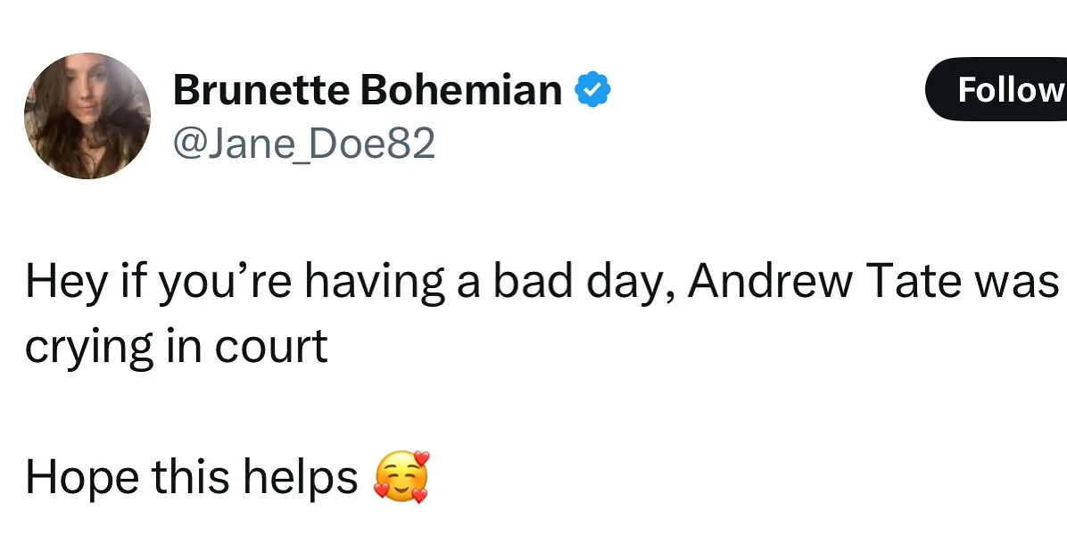 A screenshot of a tweet from a verified Twitter account named 'Brunette Bohemian' with the handle @Jane_Doe82. The tweet…