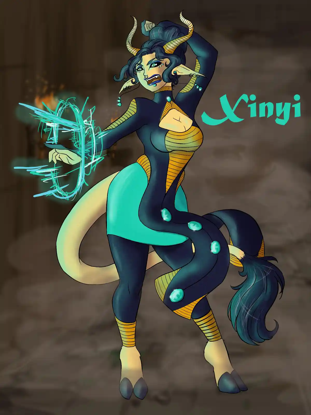 A stylized fantasy illustration of a humanoid creature with dark blue skin, goat-like horns, and a long, serpentine tail…
