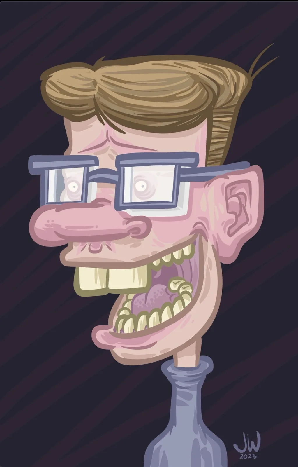 A cartoon caricature of a man with glasses, a large nose, and an exaggerated open mouth showing teeth, is depicted with his…
