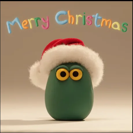 A green, egg-shaped cartoon character with large yellow eyes wears a red and white Santa hat. Above it, the words 'Merry…